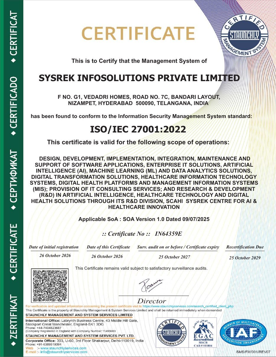 ISO/IEC 27001:2022 certificate No. IN64359E issued to Sysrek Infosolutions Private Limited