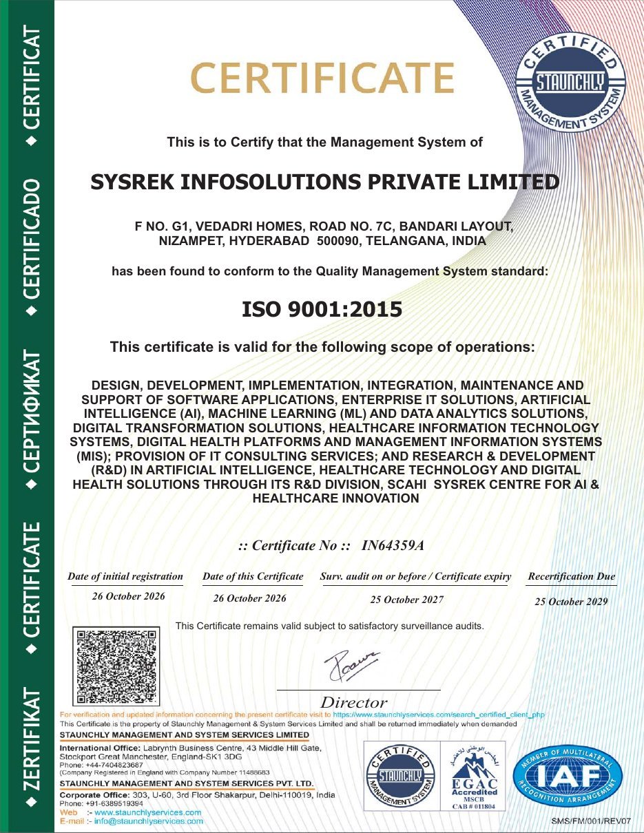 ISO 9001:2015 certificate No. IN64359A issued to Sysrek Infosolutions Private Limited